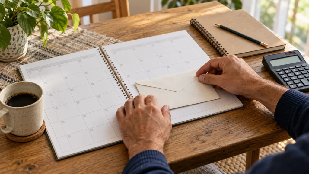 Händer placerar ett kuvert på en kalender vid en anteckningsbok och miniräknare.