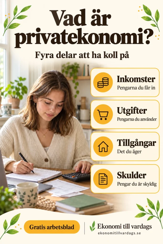 En ung kvinna skriver vid ett köksbord. Fyra solgula faktarutor förklarar inkomster, utgifter, tillgångar och skulder. Rubriken är ”Vad är privatekonomi?” och längst ner står ”Gratis arbetsblad”.
